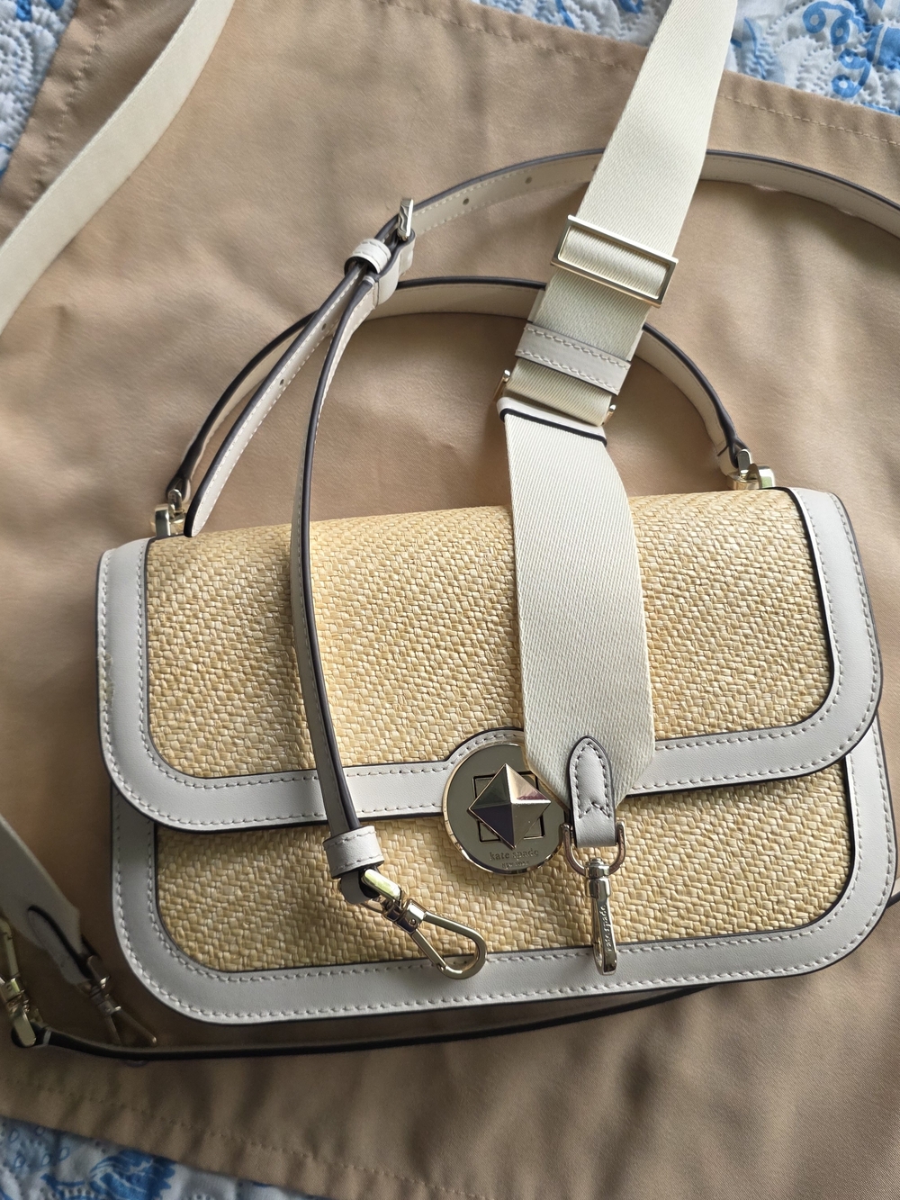 kate spade Audrey Flap Crossbody Straw with White Trim and Gold-Tone Hardware